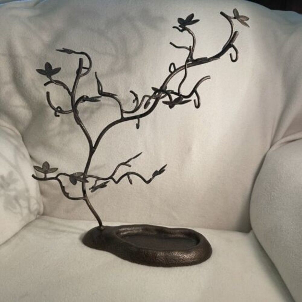 Jewelry Organizer Tree Display Bronze Metal Stand w/ trinket tray, leaf, twig